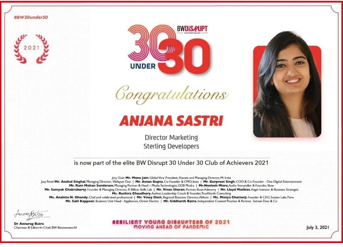 BW Disrupt 30 Under 30 Club of Achievers 2021 awarded to Anjana Sastri Director Marketing Sterling Developers